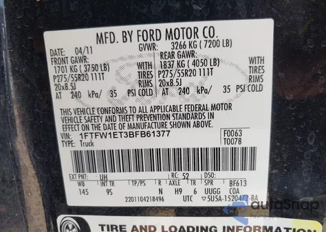 2011 Ford F-150 Platinum from USA, damaged, VIN 1FTFW1ET3BFB61377